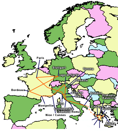 Map of Europe and travel itinerary